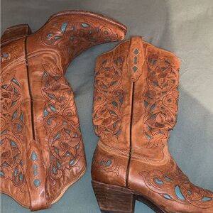 Brown and Teal Western Corral Boots